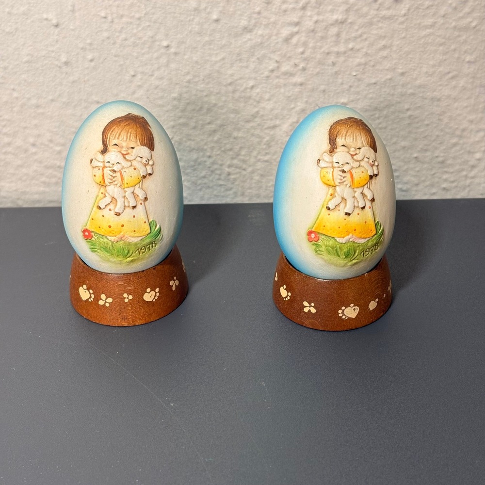Ferrandiz Anri Decorative Eggs Unisex OS Blue Excellent 1978 Lamb Girl Italy 2pc